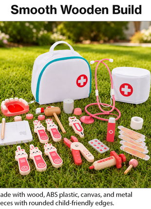 Kids Wooden Doctor Toy Set with Medical Bag, Stethoscope & 34 Pretend Play Nurse Accessories