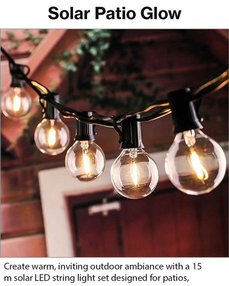 Solar LED String Light – 10 × G40 Bulbs – 15m Outdoor Waterproof Hanging