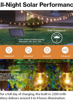 Solar LED String Light – 10 × G40 Bulbs – 15m Outdoor Waterproof Hanging