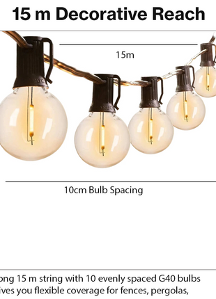 Solar LED String Light – 10 × G40 Bulbs – 15m Outdoor Waterproof Hanging
