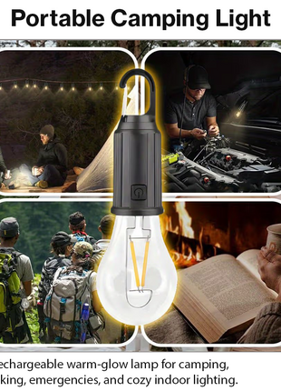Rechargeable USB-C Camping Lamp with Warm Light, 3 Lighting Modes & Hanging Hook, Portable Outdoor LED Lantern