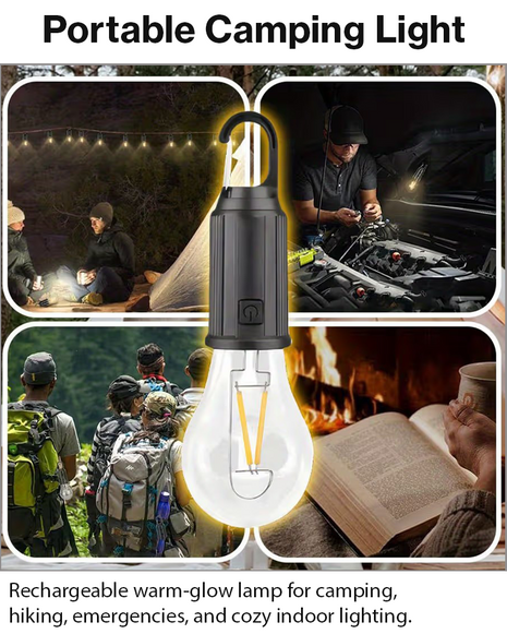 Rechargeable USB-C Camping Lamp with Warm Light, 3 Lighting Modes & Hanging Hook, Portable Outdoor LED Lantern