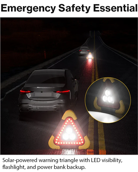 Solar Warning Triangle with LED Light, Power Bank & Flashlight – 5 Light Modes