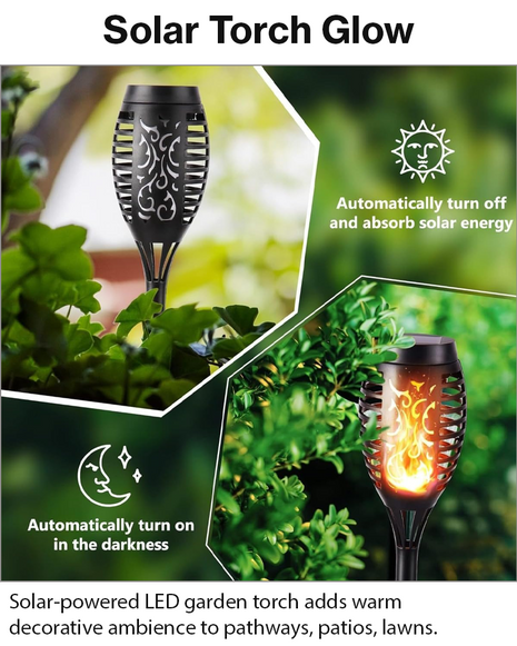 Solar LED Garden Torch Light with Light Sensor, ABS Plastic Outdoor Pathway Stake Lamp