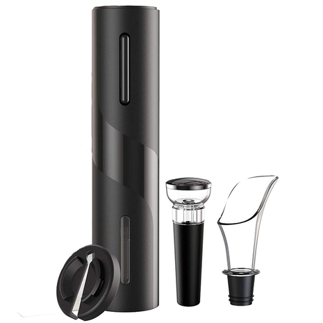 Electric Wine Opener Set – Rechargeable Corkscrew + Vacuum Stopper + Wine Pourer + Foil Cutter – Black
