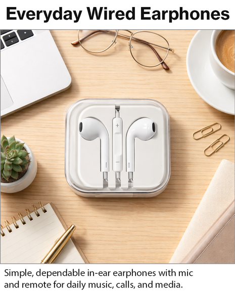 Wired In-Ear Earphones with Microphone & Remote Control 3.5mm AUX 96cm Cable Deep Bass ABS White