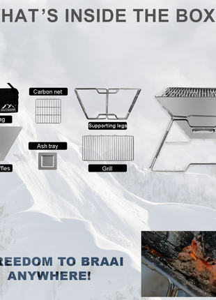 OutGear Foldable Portable Braai & Fire Pit – Stainless Steel, Lightweight BBQ Grill, 31x31cm Cooking Surface, Compact for Camping, Beach, Backyard, Outdoor Cooking – 1.6kg
