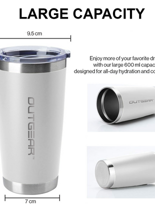 OutGear 600ml Stainless Steel Thermal Travel Mug – Double-Wall Insulated, BPA-Free Sliding Lid, Hot & Cold Retention, Fits Car Cup Holders - White