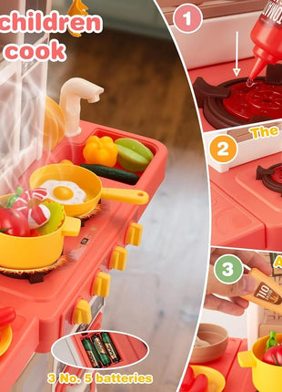 Kids Kitchen Playset 52-Piece – ABS Plastic Cooking Toy with Spray, Sound, Light, Sink, Storage , Interactive Pretend Set