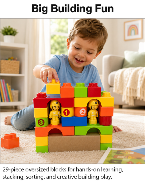 29PCS Large ABS Plastic Building Blocks Construction Play Set with Figures, Colorful Stackable Bricks for Kids Age 3+