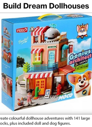 1810 Dollhouse Large Building Blocks Set – 141 Pieces, 1 Doll & Dog, Multicolour, 3+