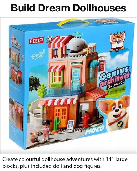 1810 Dollhouse Large Building Blocks Set – 141 Pieces, 1 Doll & Dog, Multicolour, 3+