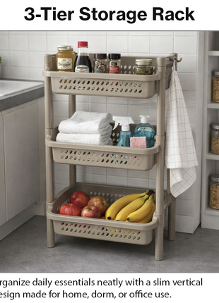 Storage rack3 Tier Plastic Storage Rack – ABS Stackable Organizer with Ventilated Baskets – Snap-Fit Shelf -Taupe