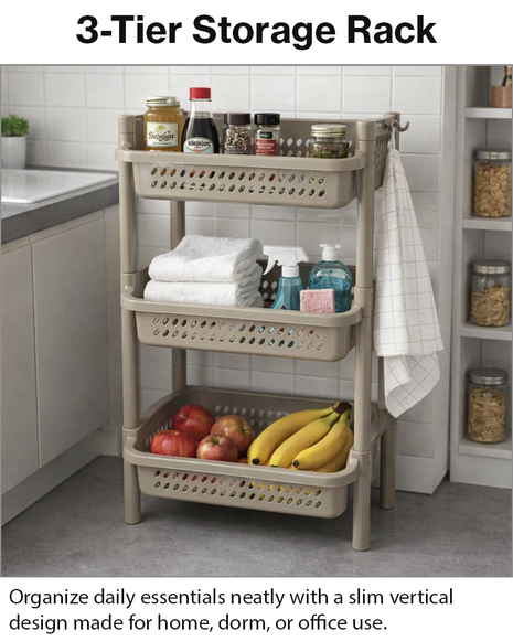 Storage rack3 Tier Plastic Storage Rack – ABS Stackable Organizer with Ventilated Baskets – Snap-Fit Shelf -Taupe