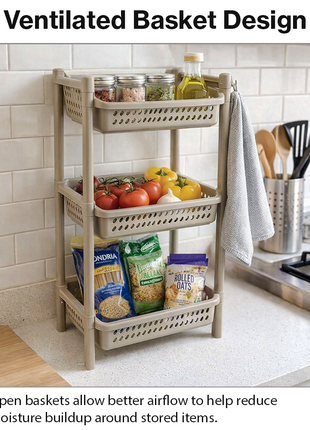 Storage rack3 Tier Plastic Storage Rack – ABS Stackable Organizer with Ventilated Baskets – Snap-Fit Shelf -Taupe