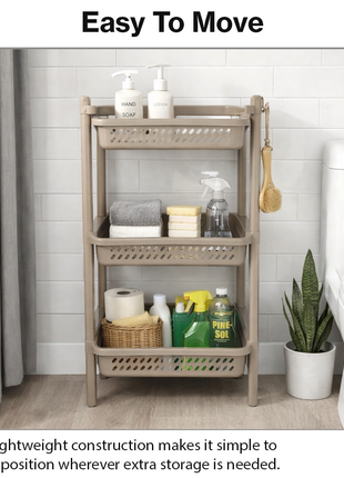 Storage rack3 Tier Plastic Storage Rack – ABS Stackable Organizer with Ventilated Baskets – Snap-Fit Shelf -Taupe
