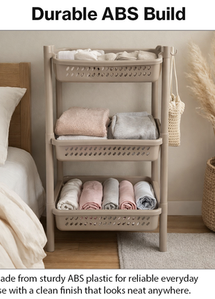 Storage rack3 Tier Plastic Storage Rack – ABS Stackable Organizer with Ventilated Baskets – Snap-Fit Shelf -Taupe