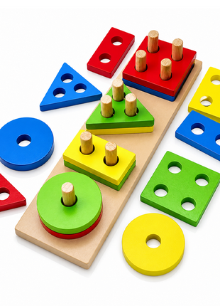 Wooden Geometric Shape Puzzle for Toddlers, 17-Piece Stacking Sorter with Base,  Learning Toy