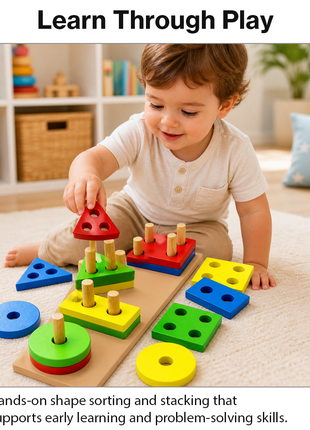 Wooden Geometric Shape Puzzle for Toddlers, 17-Piece Stacking Sorter with Base,  Learning Toy
