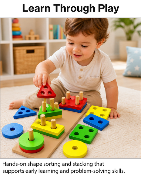 Wooden Geometric Shape Puzzle for Toddlers, 17-Piece Stacking Sorter with Base,  Learning Toy