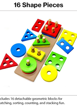 Wooden Geometric Shape Puzzle for Toddlers, 17-Piece Stacking Sorter with Base,  Learning Toy