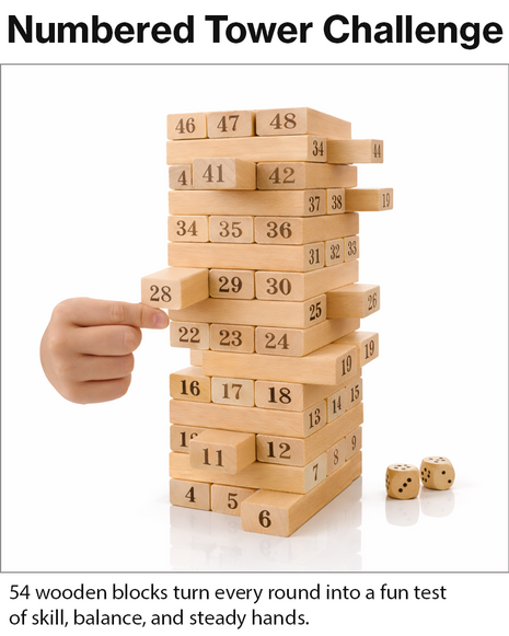 Wooden Tumbling Tower Game 54 Numbered Blocks