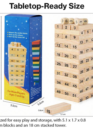 Wooden Tumbling Tower Game 54 Numbered Blocks