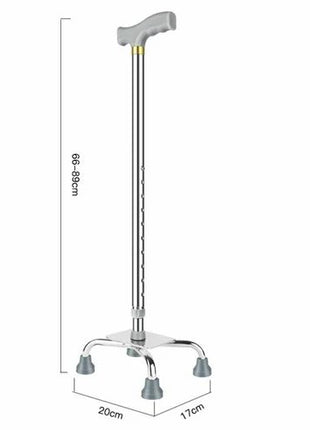 Quad Walking Cane 66–89cm Height Adjustable – Stainless Steel Base + Anti-Slip Feet – Ergonomic Grey Handle