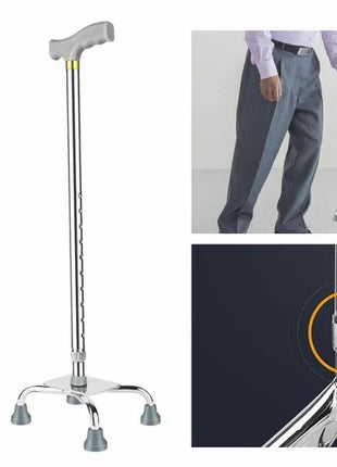 Quad Walking Cane 66–89cm Height Adjustable – Stainless Steel Base + Anti-Slip Feet – Ergonomic Grey Handle