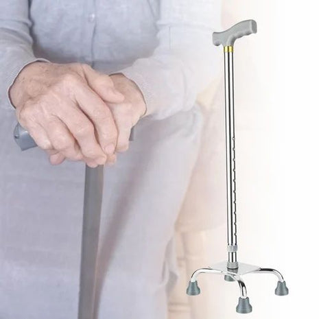 Quad Walking Cane 66–89cm Height Adjustable – Stainless Steel Base + Anti-Slip Feet – Ergonomic Grey Handle