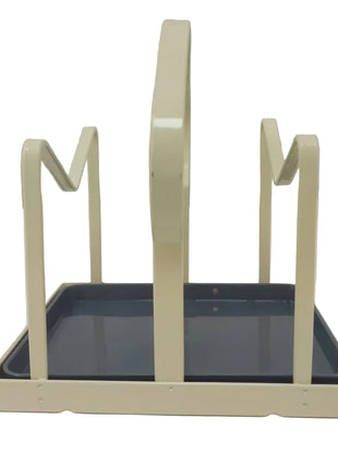Lid and Board Organizer Rack with Drip Tray – Coated Metal Vertical Holder – Cream Countertop Stand