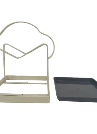 Lid and Board Organizer Rack with Drip Tray – Coated Metal Vertical Holder – Cream Countertop Stand