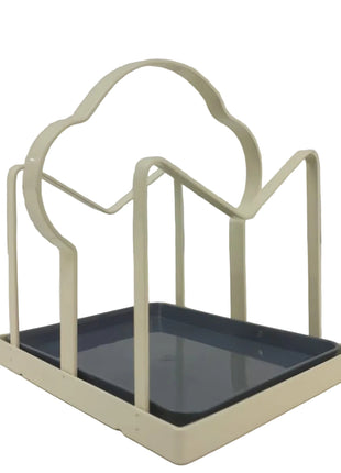 Lid and Board Organizer Rack with Drip Tray – Coated Metal Vertical Holder – Cream Countertop Stand