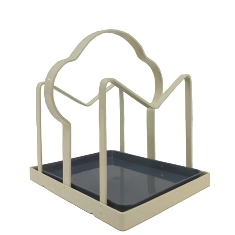 Lid and Board Organizer Rack with Drip Tray – Coated Metal Vertical Holder – Cream Countertop Stand