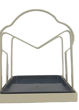 Lid and Board Organizer Rack with Drip Tray – Coated Metal Vertical Holder – Cream Countertop Stand