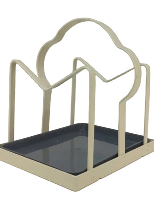 Lid and Board Organizer Rack with Drip Tray – Coated Metal Vertical Holder – Cream Countertop Stand
