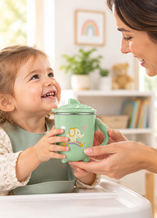 250ml Double Wall Insulated Toddler Cup with Snap-On Lid, Spill-Resistant Silicone Seal, ABS Plastic Cartoon Design, Warm & Cold Drinks