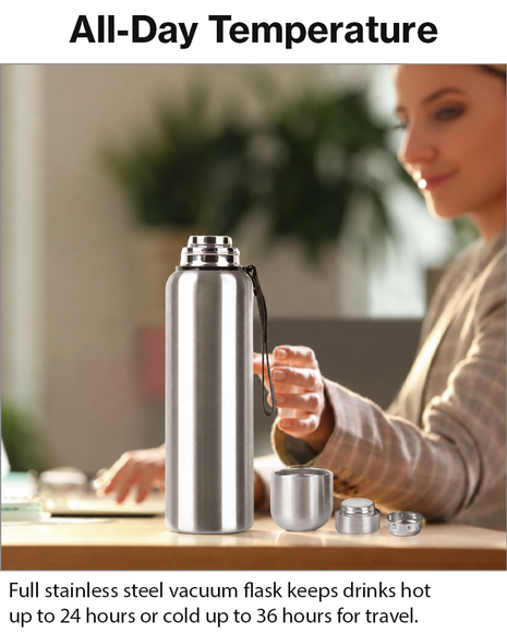 Stainless Steel Vacuum Flask with Filter – Double-Wall Insulated, Hot 24h / Cold 36h