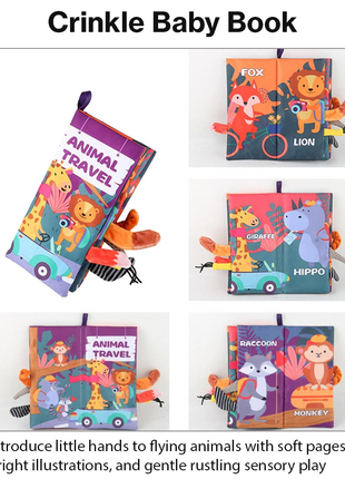Teaching Cloth Book – Soft Crinkle Educational Baby Book 0m+, Animal Travel Design