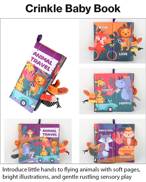 Teaching Cloth Book – Soft Crinkle Educational Baby Book 0m+, Animal Travel Design