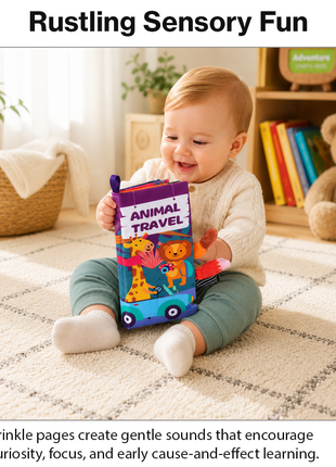 Teaching Cloth Book – Soft Crinkle Educational Baby Book 0m+, Animal Travel Design
