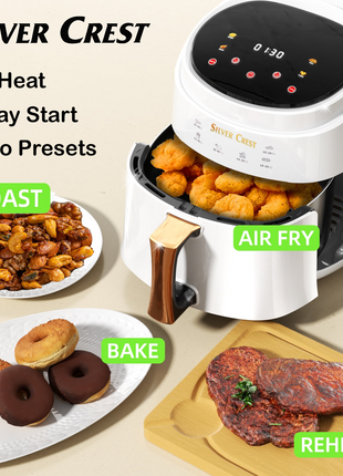 Silver Crest JD689B Air Fryer – XXL Capacity, 4 Preset Functions, 1400W Power, Adjustable Temp 80–210°C, Non-Stick Basket, for 3–6 People - White