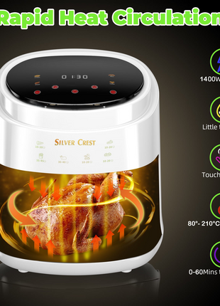 Silver Crest JD689B Air Fryer – XXL Capacity, 4 Preset Functions, 1400W Power, Adjustable Temp 80–210°C, Non-Stick Basket, for 3–6 People - White