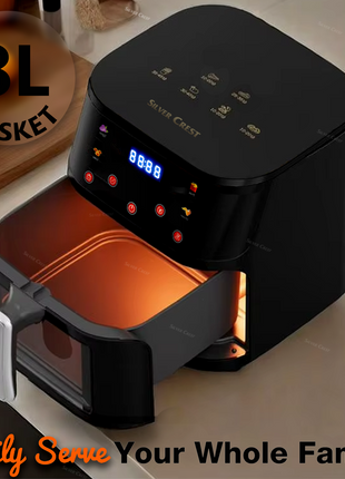 Silver Crest 8L Air Fryer – Smart Visual Window, 4 Cooking Presets, LED Touchscreen, Oil-Free Frying, Energy Efficient, Black
