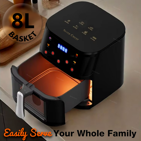 Silver Crest 8L Air Fryer – Smart Visual Window, 4 Cooking Presets, LED Touchscreen, Oil-Free Frying, Energy Efficient, Black