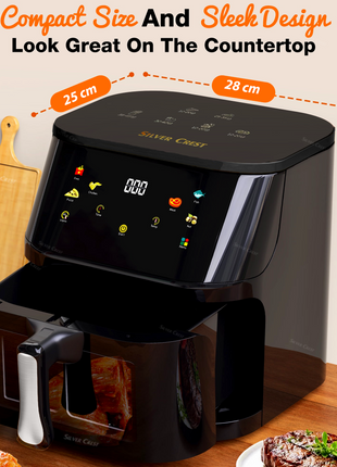 Silver Crest 8L Air Fryer – Smart Visual Window, 6 Cooking Presets, LED Touchscreen, Oil-Free Frying, Energy Efficient, Black