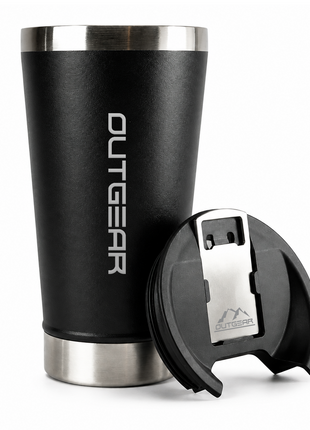 OutGear 600ml Double Wall Insulated Stainless Steel Thermos Cup with Built-In Bottle Opener, Matte Finish Black
