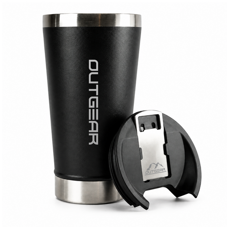 OutGear 600ml Double Wall Insulated Stainless Steel Thermos Cup with Built-In Bottle Opener, Matte Finish Black