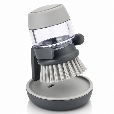 Soap Dispensing Palm Brush with Storage Stand – Refillable Dish Scrubber for Kitchen