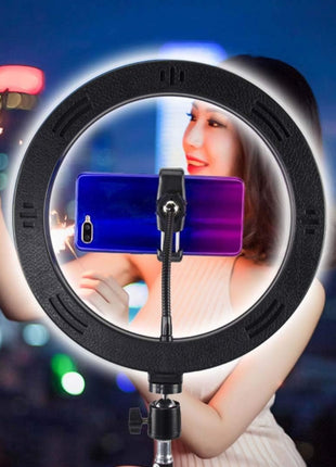 Fill Light Tripod Stand 2.5m with 25cm Dimmable Ring Light + 3 Phone Holders + Rotatable Mic Arm – Black